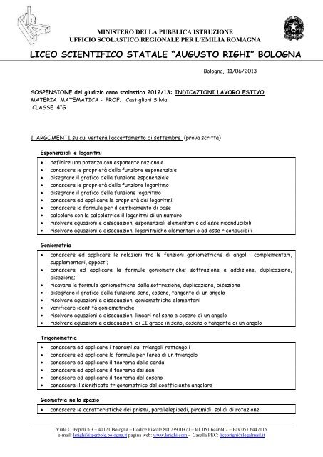 Matematica giudizio sospeso 4G - Liceo Scientifico Augusto Righi