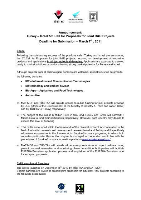 Turkey â Israel 5th Call for Proposals for Joint R&D Projects ...