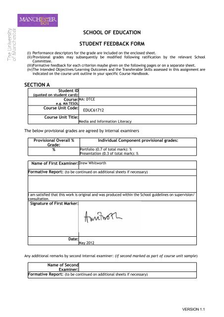 feedback form and marking criteria - MA: Digital Technologies ...