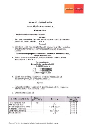 Výplňová malta fermacell - prohlášení o vlastnostech