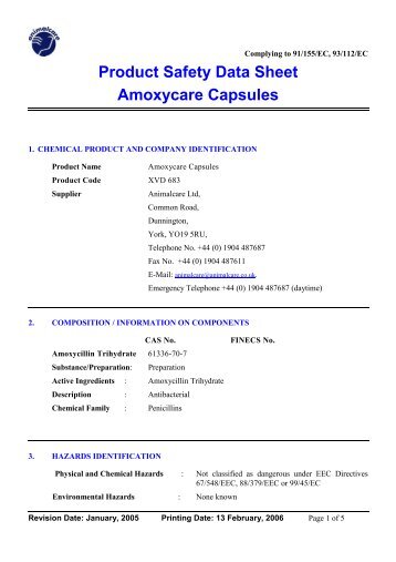 Product Safety Data Sheet Amoxycare Capsules - Animalcare