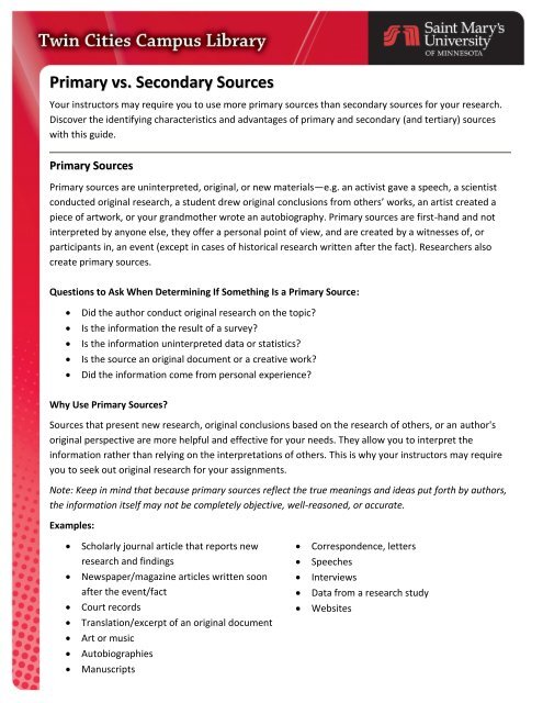 Primary vs. Secondary Sources - SMU Inside Pages