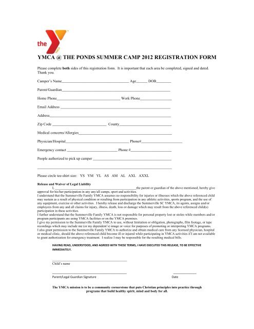 YMCA @ THE PONDS SUMMER CAMP 2012 REGISTRATION FORM