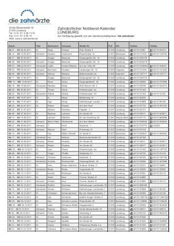 ZahnÃ¤rztlicher Notdienst-Kalender LÃNEBURG - die ZahnÃ¤rzte