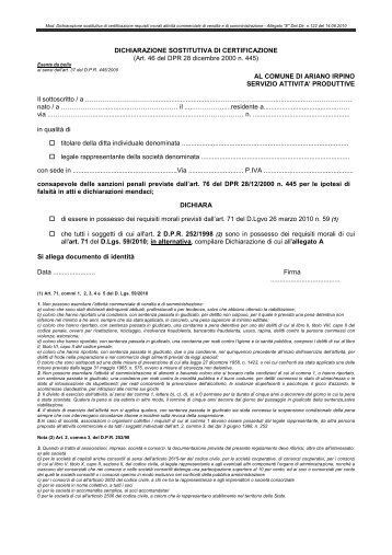 DICHIARAZIONE SOSTITUTIVA DI CERTIFICAZIONE - Comune di ...