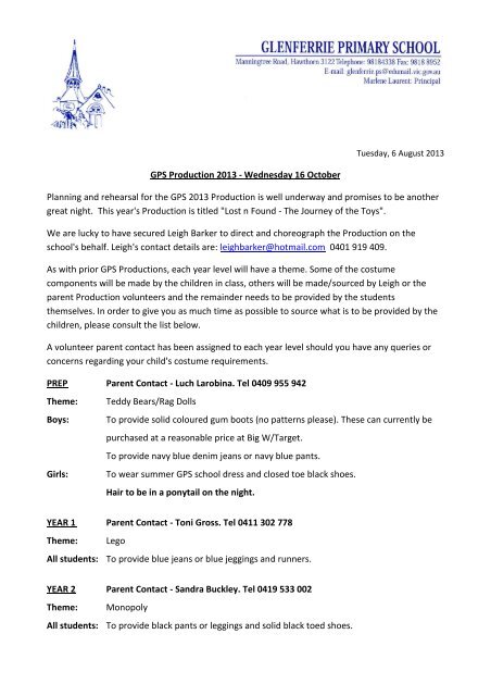 Costume Letter - Glenferrie Primary School