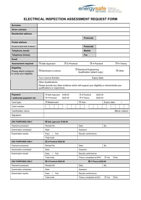 Electrical Inspection Assessment Request Form - Energy Safe Victoria