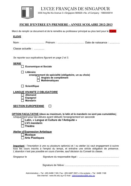 FICHE DE CHOIX D'OPTIONS - LycÃ©e franÃ§ais de Singapour