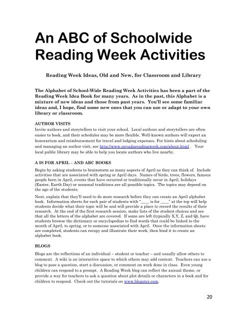 An ABC of Schoolwide Reading Week Activities - Nevada Reading ...