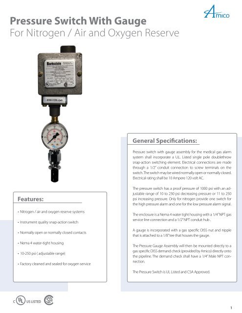 Pressure Switch With Gauge For Nitrogen / Air and Oxygen ... - Amico