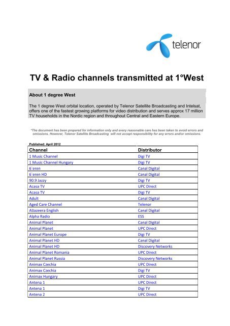 TV &amp; Radio channels transmitted at 1°West - Telenor Satellite ...