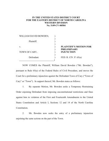 Bowden Motion for Preliminary Injunction.pdf - ACLU of North Carolina