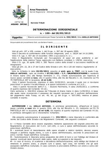 Rilascio autorizzazione per Passo Carrabile n. 232/2013, Ditta ...