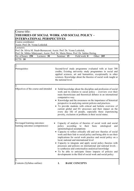 Course title: THEORIES OF SOCIAL WORK AND SOCIAL POLICY ...
