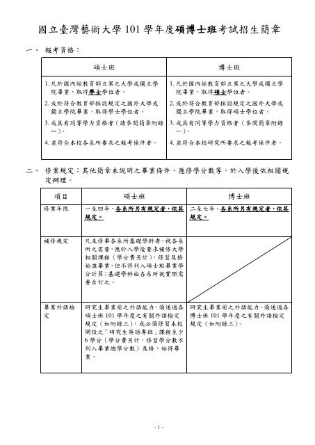 101學年度碩博士班考試招生簡章內容(pdf檔) - 國立臺灣藝術大學