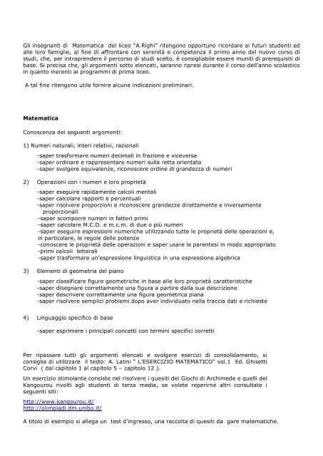 Gli insegnanti di Matematica del liceo â€œA.Righiâ€ ritengono opportuno ...