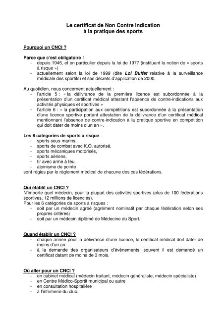 Le certificat de Non Contre Indication à la pratique des ... Le certificat de Non Contre Indication à la pratique des ...