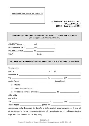 Modulo dichiarazione circa il Conto Corrente Dedicato - Comune di ...