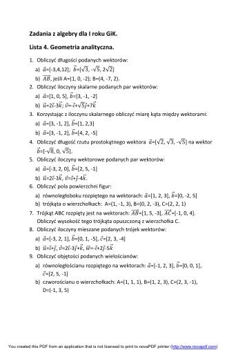Zadania z algebry dla I roku GiK. Lista 4. Geometria analityczna.