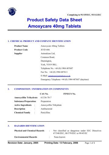 Product Safety Data Sheet Amoxycare 40mg Tablets - Animalcare