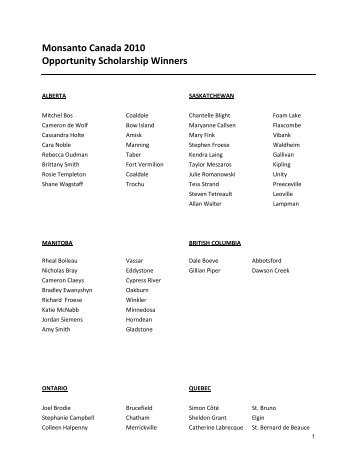Monsanto Canada 2010 Opportunity Scholarship Winners
