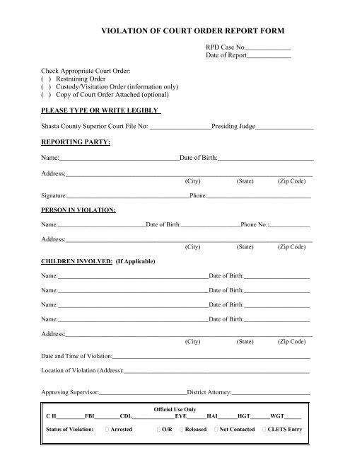 violation of court order report form Redding Police Department