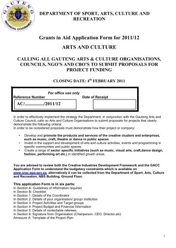 Arts and Culture Grant Application Form - Gauteng Online