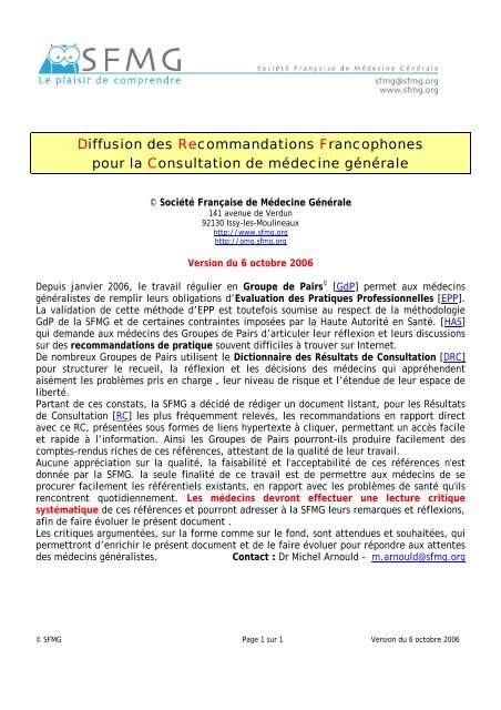 Diffusion des Recommandations Francophones pour la ...
