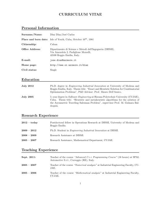 CURRICULUM VITAE Personal Information Education Research ...