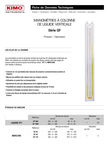 MANOMÈTRES À COLONNE DE LIQUIDE ... - Kimo Canada