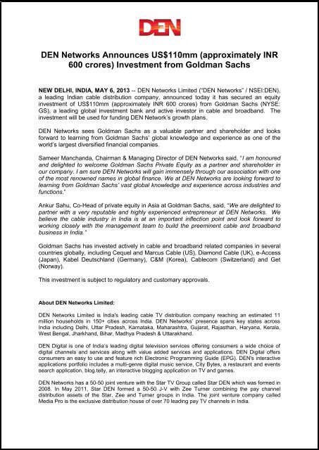 Investment From Goldman Sachs Den Networks Investment From Goldman Sachs Den Networks