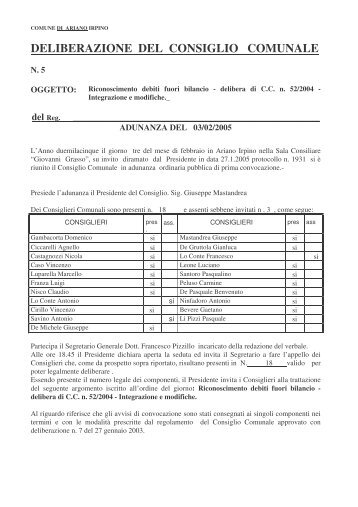 Riconoscimento debiti fuori bilancio - delibera di C.C. n. 52/2004