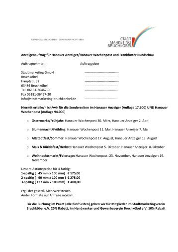 Anzeigenauftrag für Hanauer Anzeiger/Hanauer Wochenpost