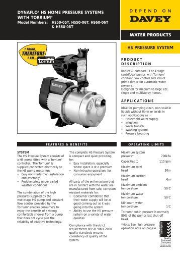 dynafloÂ® hs home pressure systems with torrium - Davey Pumps