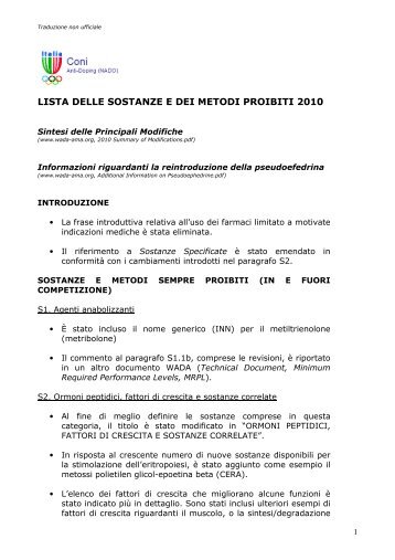 04. 2010 Lista Sostanze e Metodi Proibiti Principali Modifiche - Fiso