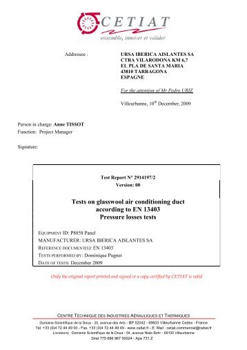 Tests on glasswool air conditioning duct according to EN ... - Ursa