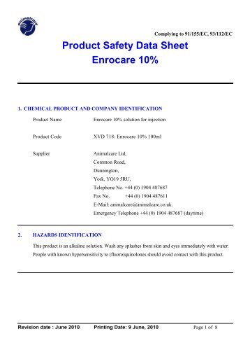 Enrocare 10% injection Coshh - Animalcare