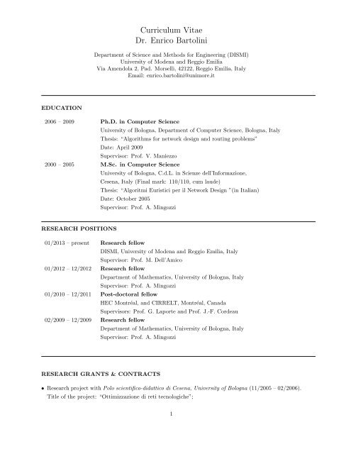 Curriculum Vitae Dr. Enrico Bartolini