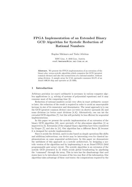 FPGA Implementation of an Extended Binary GCD Algorithm for ...