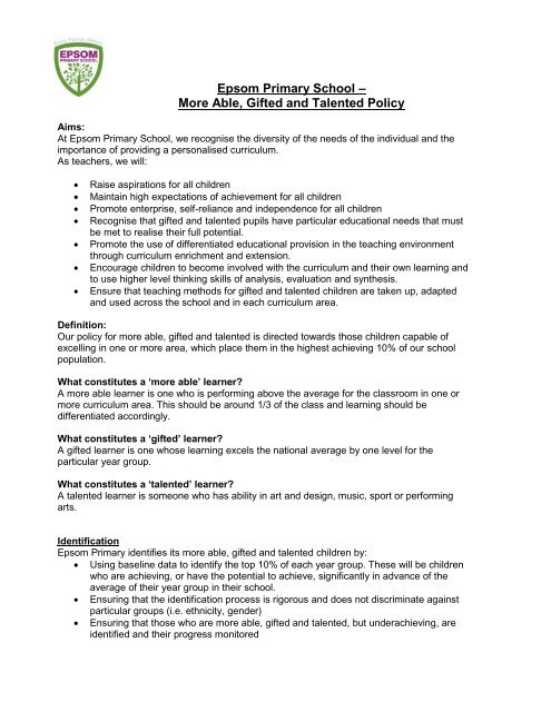 Epsom Primary School â More Able, Gifted and Talented Policy