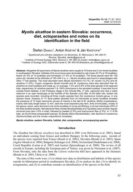 Myotis alcathoe in eastern Slovakia: occurrence, diet, ectoparasites ...