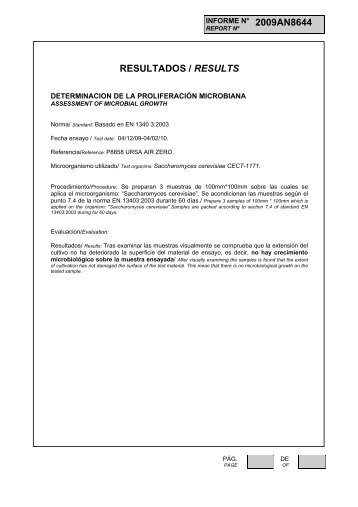 Ensayos eficiencia tratamiento antimicrobiano URSA AIR Zero 1.2