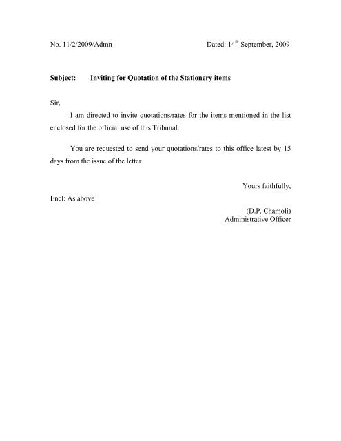 Inviting For Quotation Of The Stationery Items Sir I Am Directed