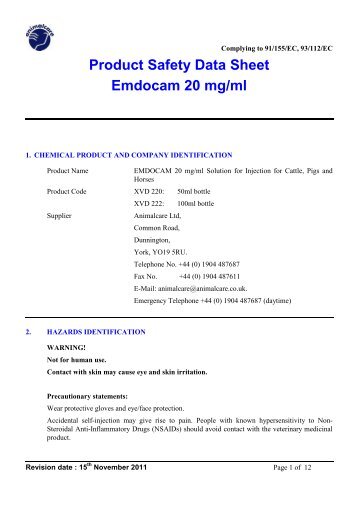 Product Safety Data Sheet Emdocam 20 mg/ml - Animalcare