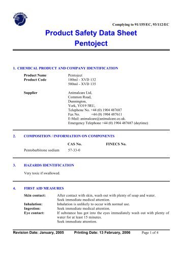 Product Safety Data Sheet Pentoject - Animalcare