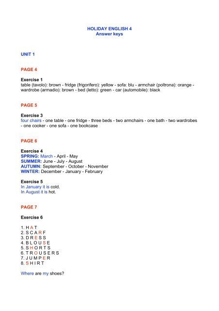 HOLIDAY ENGLISH 4 Answer keys UNIT 1 PAGE 4 Exercise 1 table ...