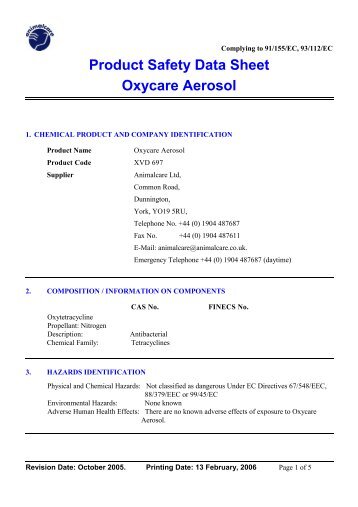 Product Safety Data Sheet Oxycare Aerosol - Animalcare