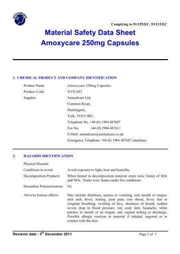 MSDS Amoxycare 250mg Capsules 05.12.11 - Animalcare