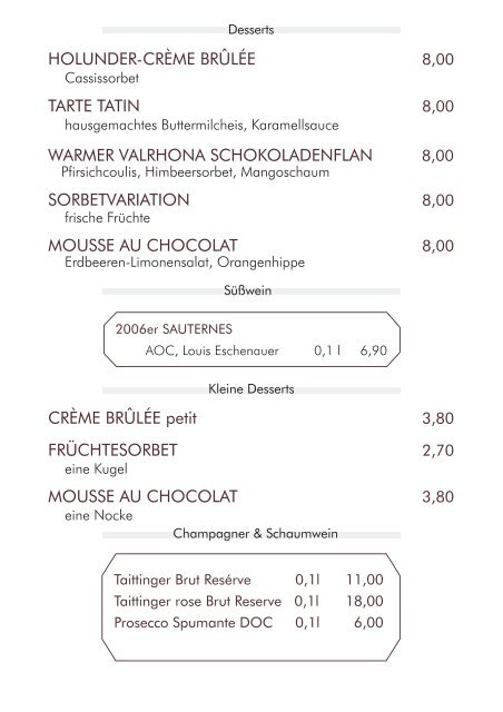 Dessertkarte - Restaurant Dressler