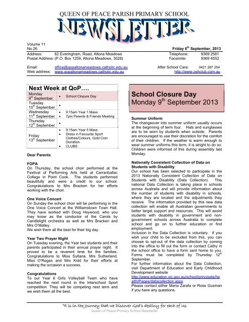 Newsletter 26 Queen Of Peace Parish Primary School